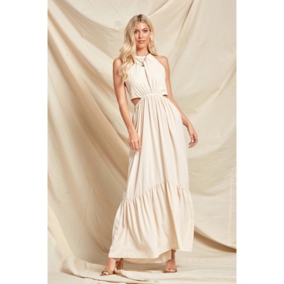 Bohemian Cream Solid Cut Out Waist Full Long Length Maxi Dress - Picture 2 of 5
